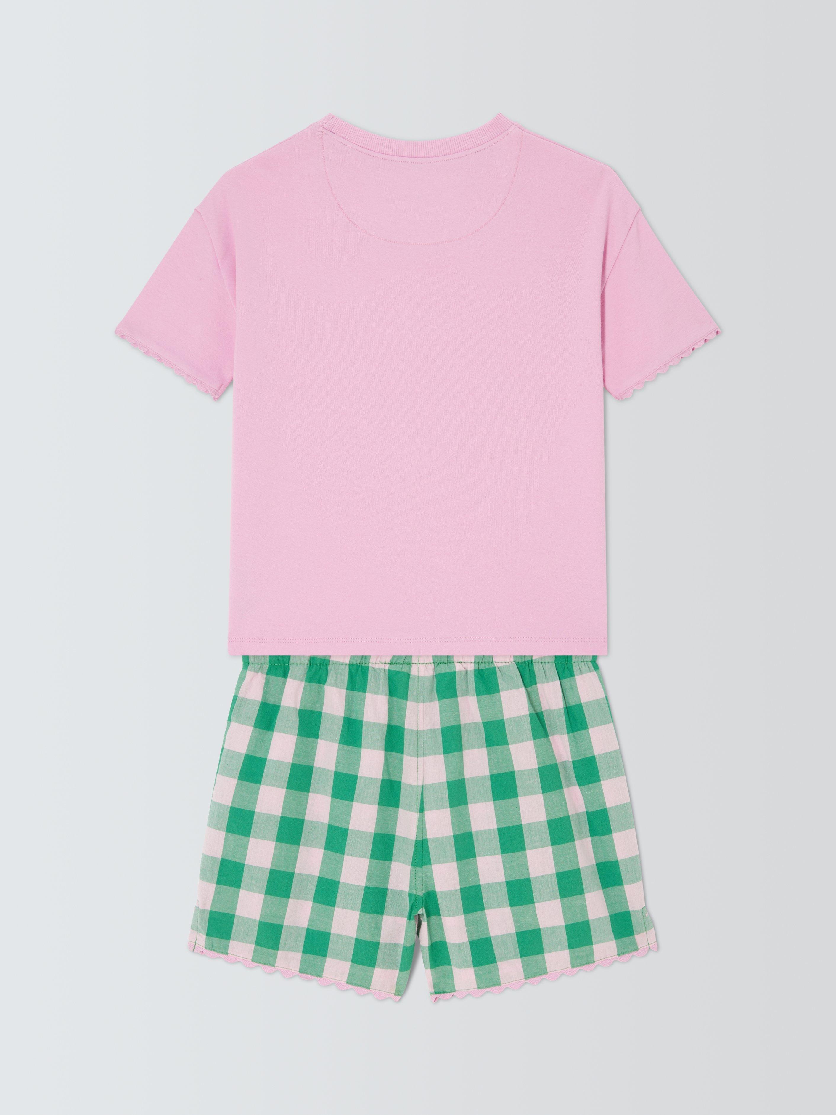 Product image 2 of 3, which shows John Lewis Kids' Scalloped Gingham Short Pyjamas, Pink, 3 years