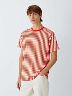 John Lewis Supima Cotton Regular Fit Crew Neck Stripe T-Shirt, Chilli/White, Chilli/Wht