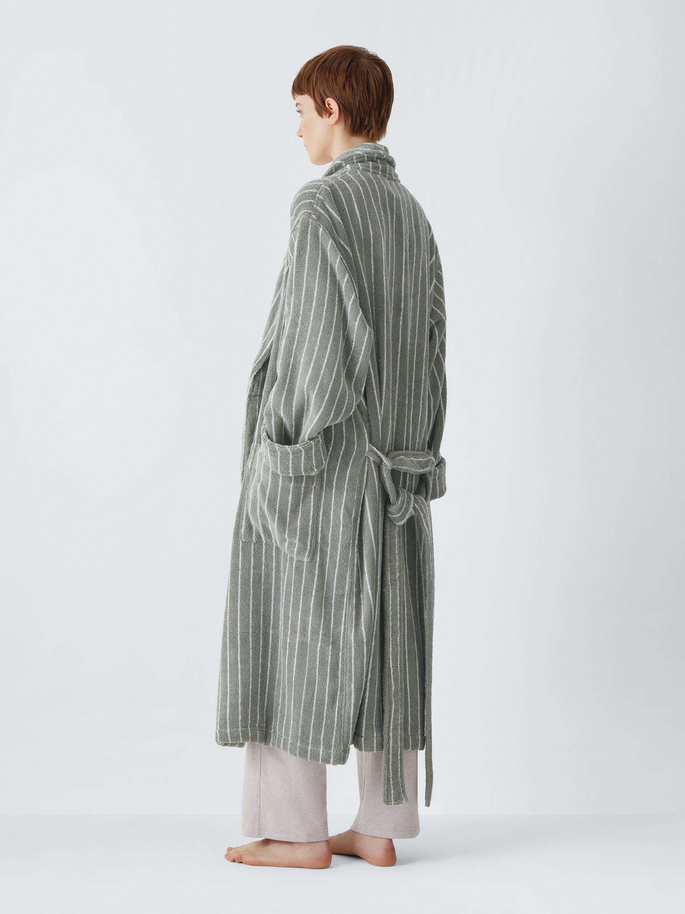 Product image 2 of 7, which shows John Lewis Egyptian Cotton Stripe Unisex Bath Robe, Dove Grey/Cream, S/M