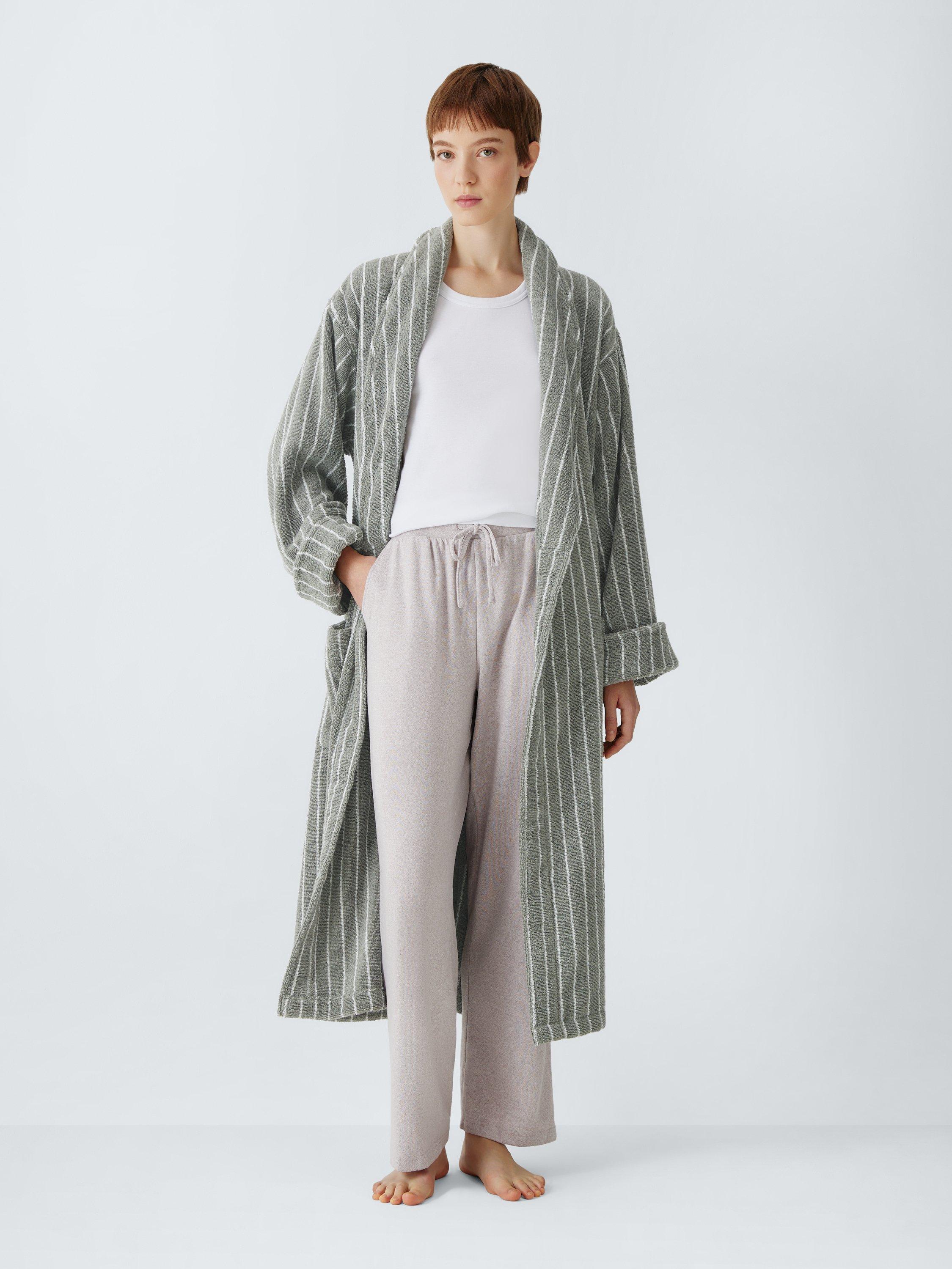 Product image 3 of 7, which shows John Lewis Egyptian Cotton Stripe Unisex Bath Robe, Dove Grey/Cream, S/M