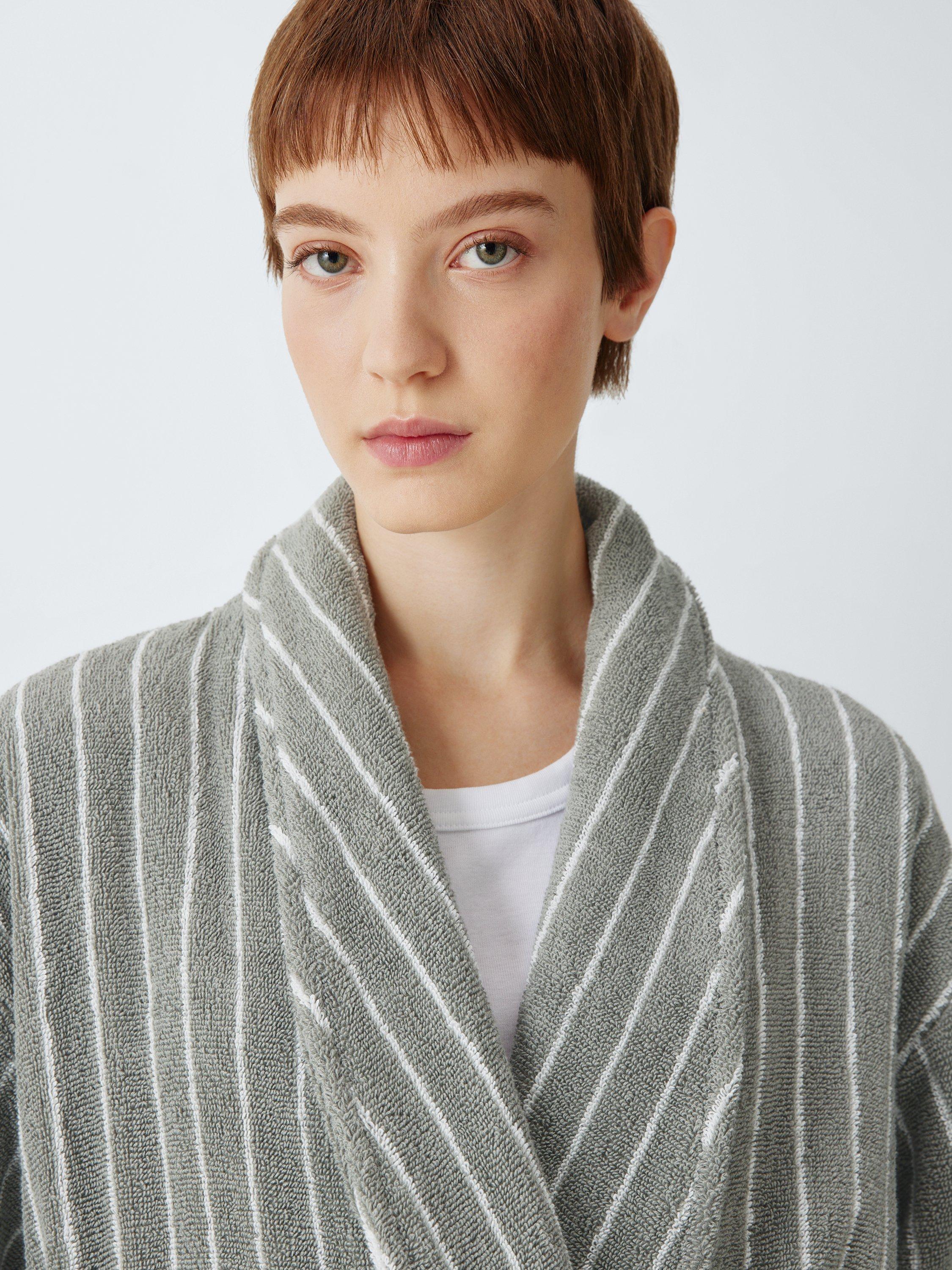 Product image 5 of 7, which shows John Lewis Egyptian Cotton Stripe Unisex Bath Robe, Dove Grey/Cream, S/M