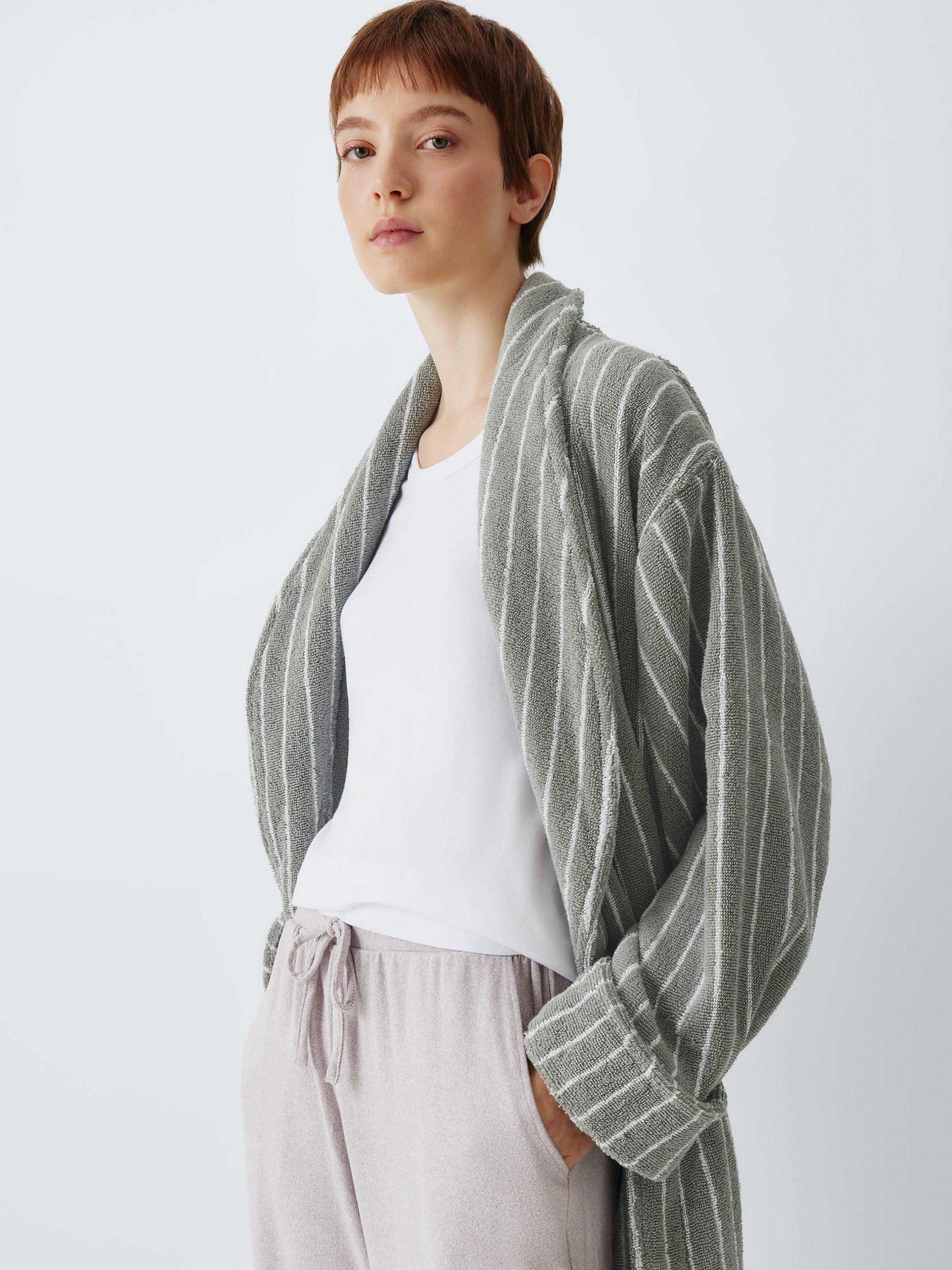 Product image 6 of 7, which shows John Lewis Egyptian Cotton Stripe Unisex Bath Robe, Dove Grey/Cream, S/M