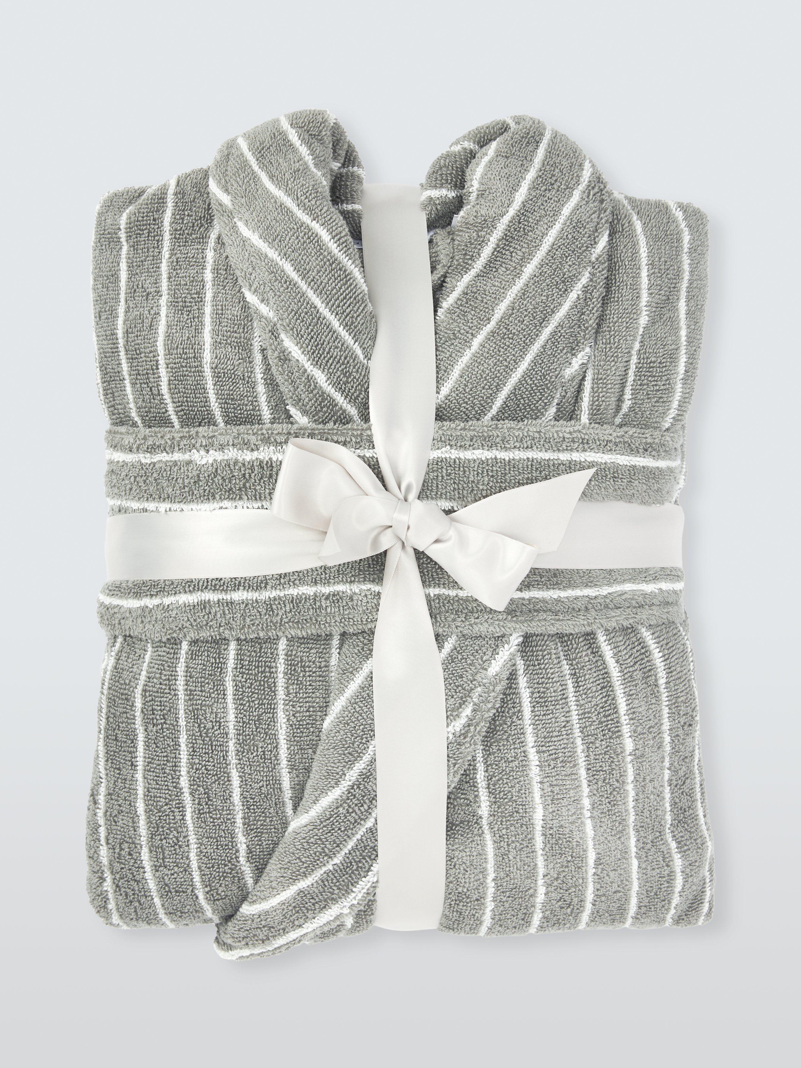 Product image 7 of 7, which shows John Lewis Egyptian Cotton Stripe Unisex Bath Robe, Dove Grey/Cream, S/M