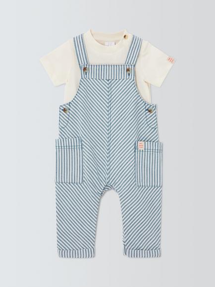 John Lewis Baby Ticking Stripe Dungarees & T-Shirt Set, Blue, Blue
