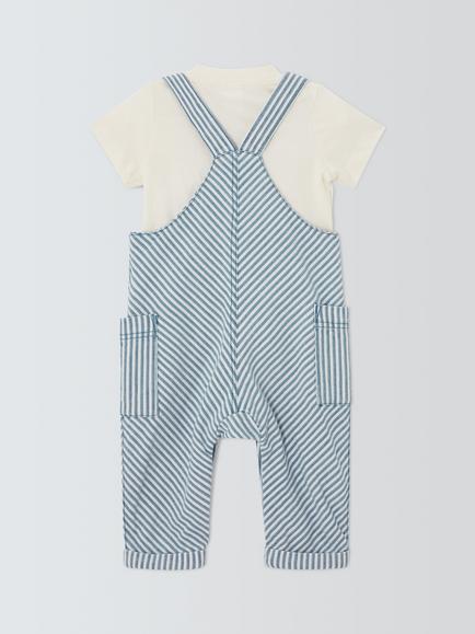 John Lewis Baby Ticking Stripe Dungarees & T-Shirt Set, Blue - view 2, Blue