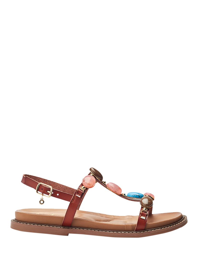 Product image 1 of 4, which shows Moda in Pelle Nicca Embellished T-Bar Sandals, Tan, 5