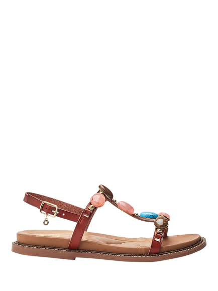 Moda in Pelle Nicca Embellished T-Bar Sandals, Tan, Tan