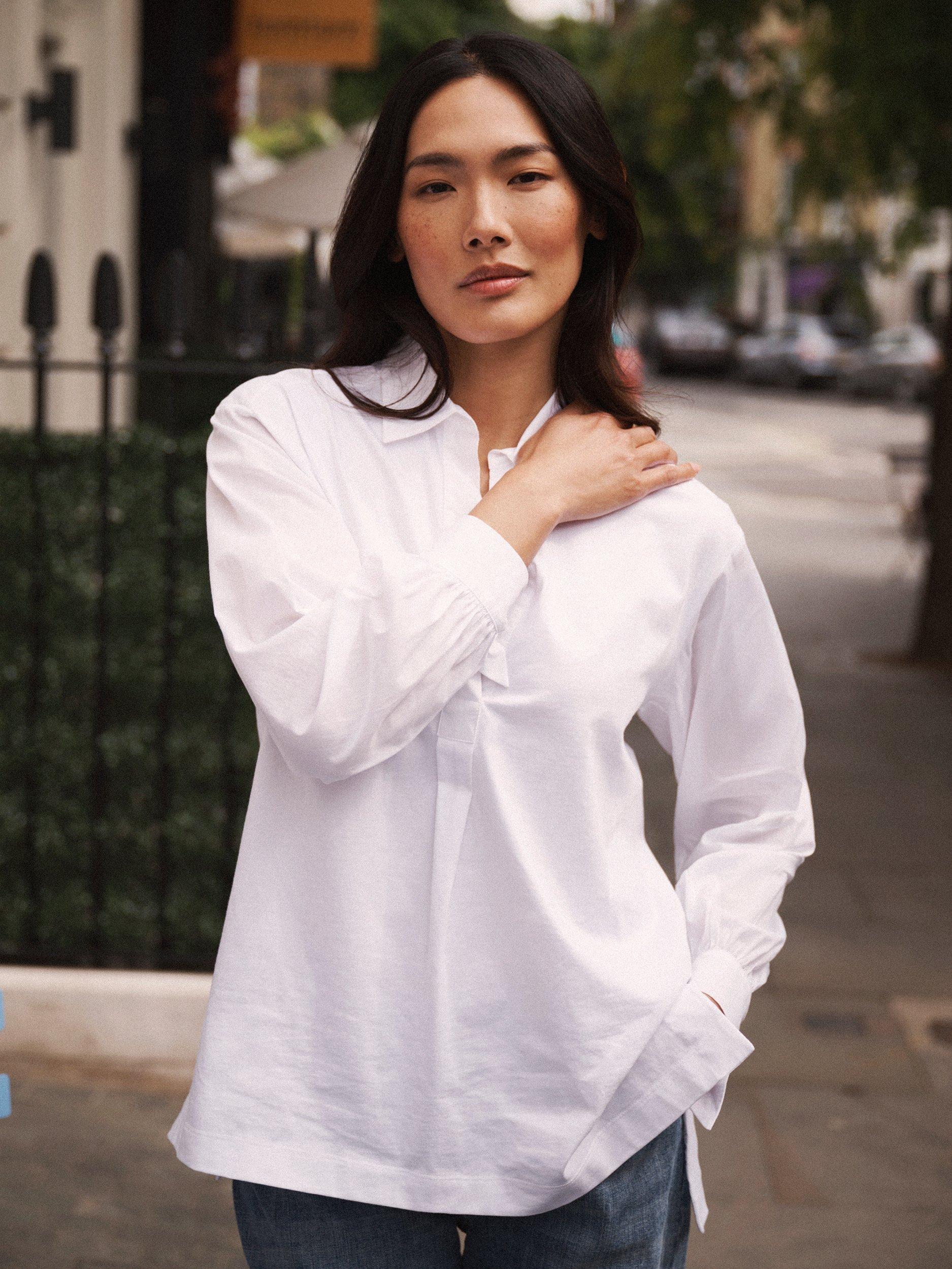 Product image 1 of 8, which shows NRBY Romi Poplin Sleeve Top, White, XS