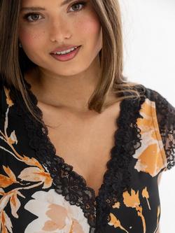 Pour Moi Dusk Printed Satin Lace Capped Sleeve Chemise - view 2, Black/Gold