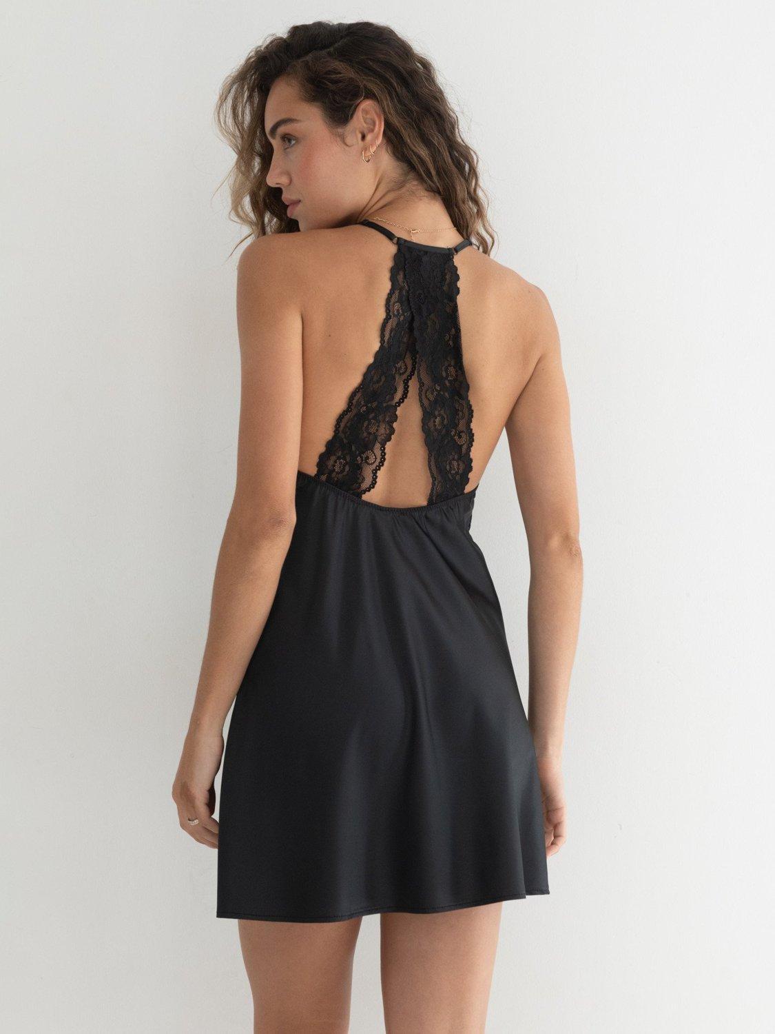 Product image 4 of 11, which shows Pour Moi Dusk Lace Trim Satin Chemise, Black, 8