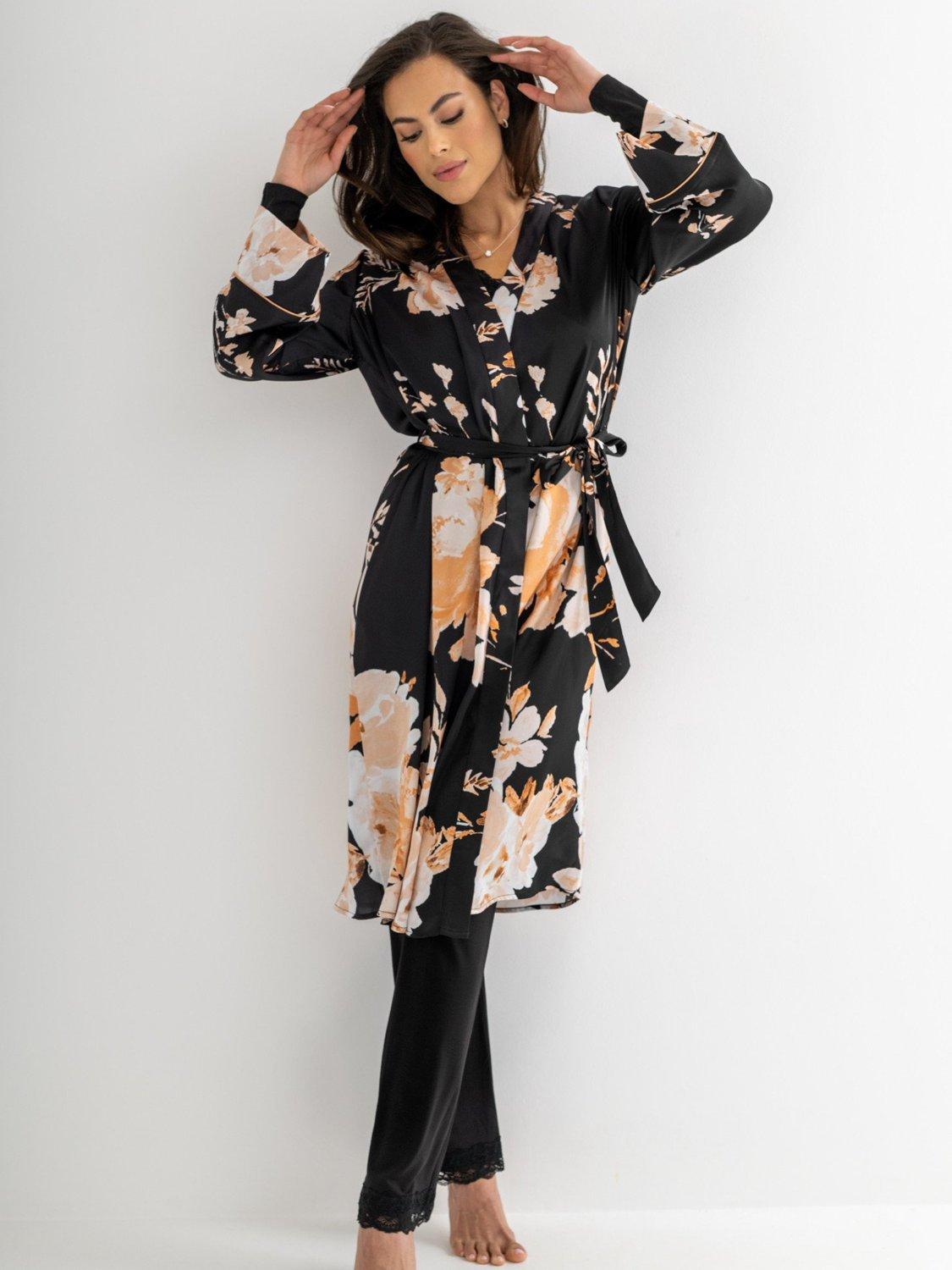 Product image 1 of 10, which shows Pour Moi Dusk Printed Satin Midi Dressing Gown , Black/Gold, 8