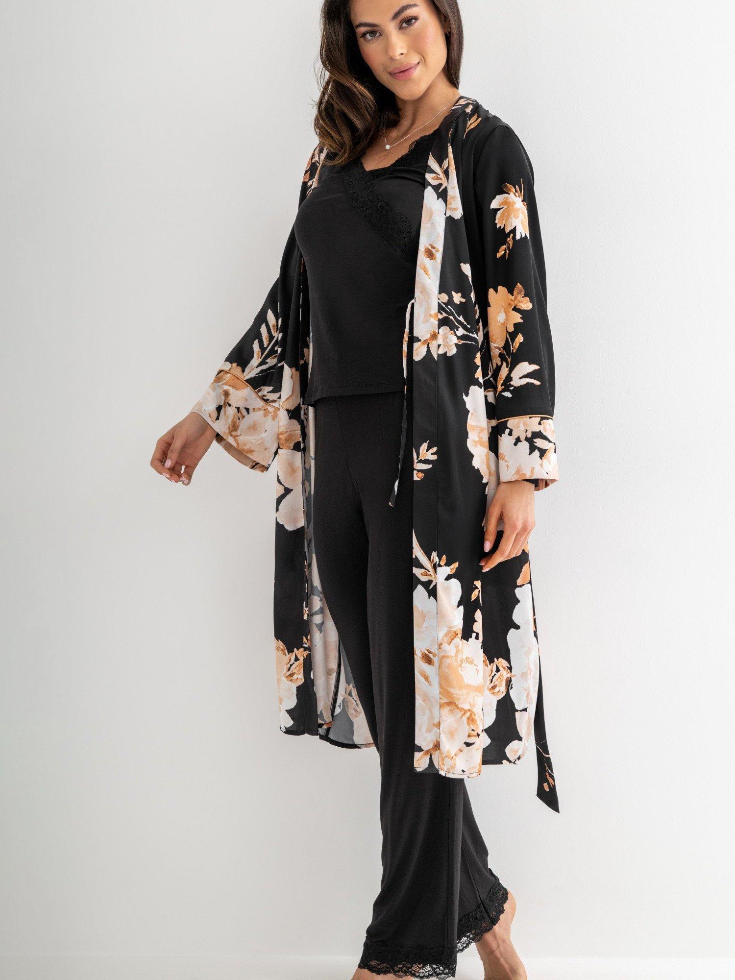Product image 2 of 10, which shows Pour Moi Dusk Printed Satin Midi Dressing Gown , Black/Gold, 8