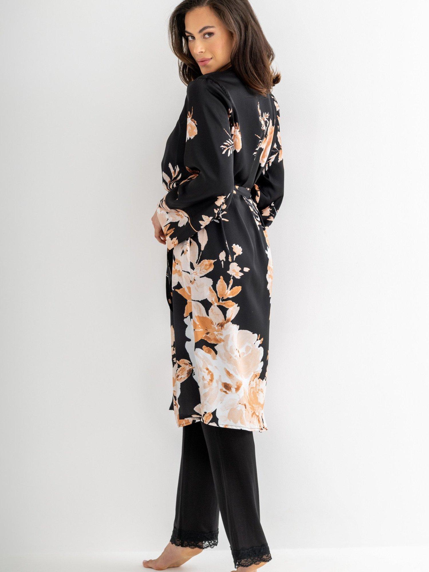 Product image 3 of 10, which shows Pour Moi Dusk Printed Satin Midi Dressing Gown , Black/Gold, 8