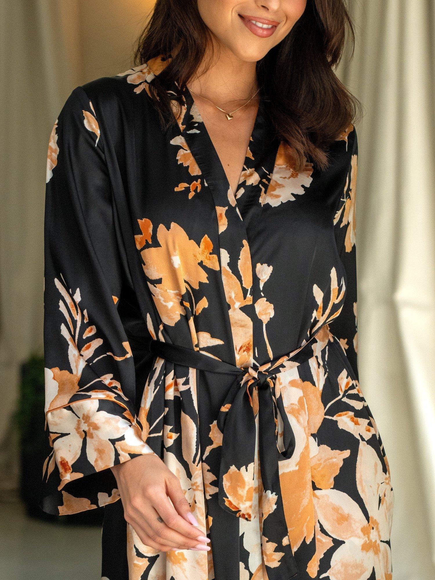 Product image 5 of 10, which shows Pour Moi Dusk Printed Satin Midi Dressing Gown , Black/Gold, 8