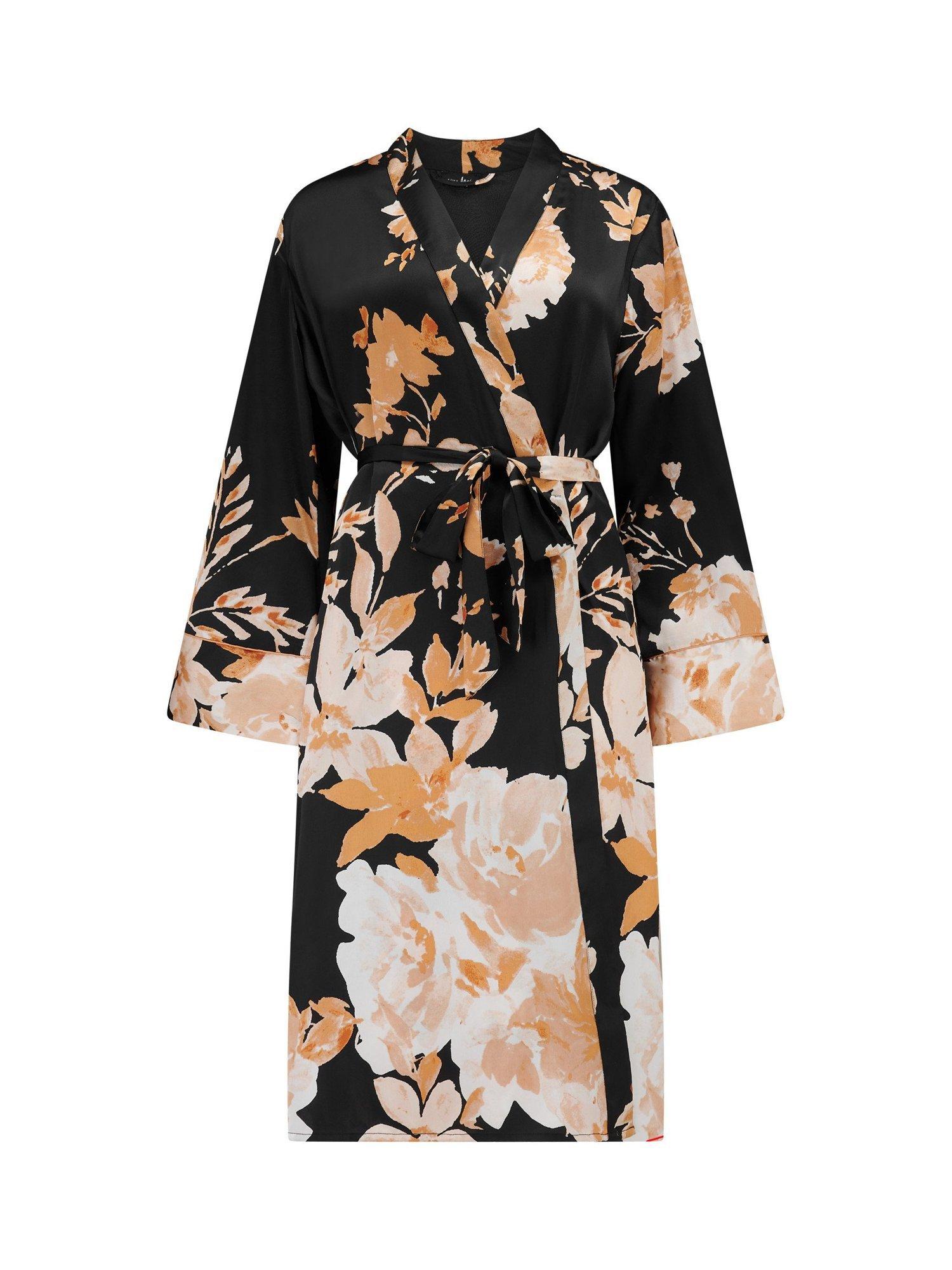 Product image 9 of 10, which shows Pour Moi Dusk Printed Satin Midi Dressing Gown , Black/Gold, 8