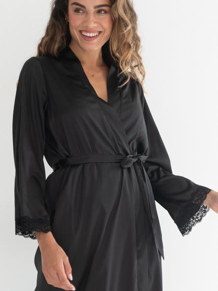Pour Moi Dusk Satin Kimono Sleeve Midi Dressing Gown - view 2, Black