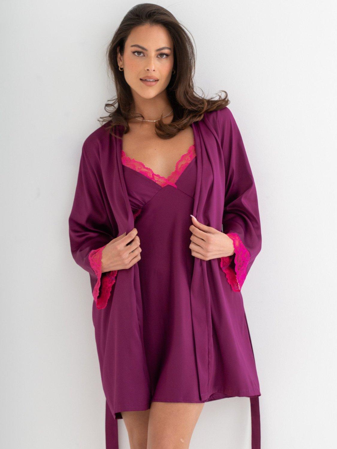 Product image 3 of 9, which shows Pour Moi Dusk Short Dressing Gown , Berry/Pink, 8