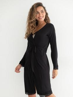 Pour Moi Sofa Loves Lace Jersey Wrap Dressing Gown, Black, Black