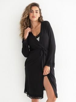 Pour Moi Sofa Loves Lace Jersey Wrap Dressing Gown, Black - view 2, Black
