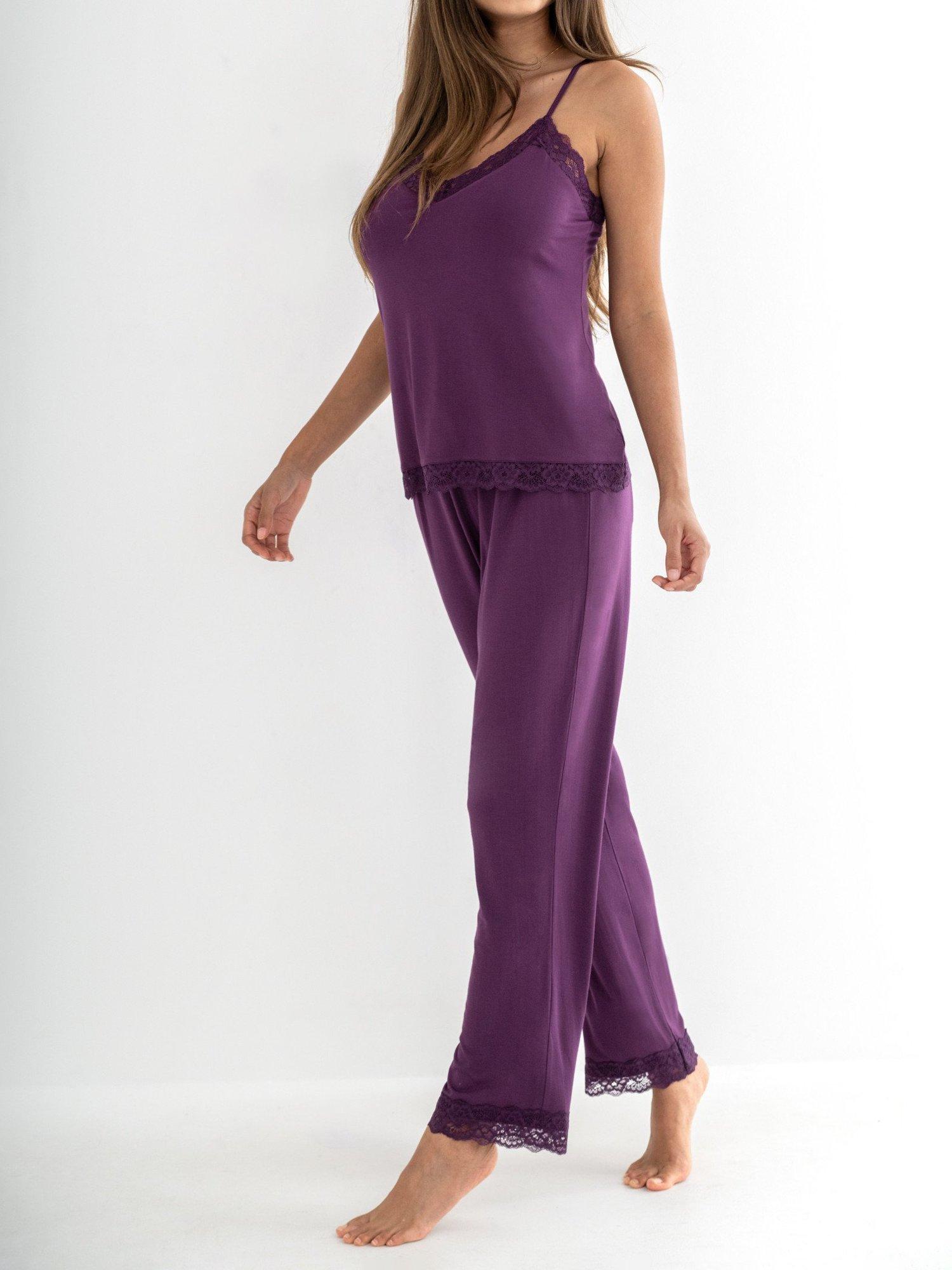 Product image 2 of 7, which shows Pour Moi Sofa Loves Lace Pyjama Bottoms, Plum, 8