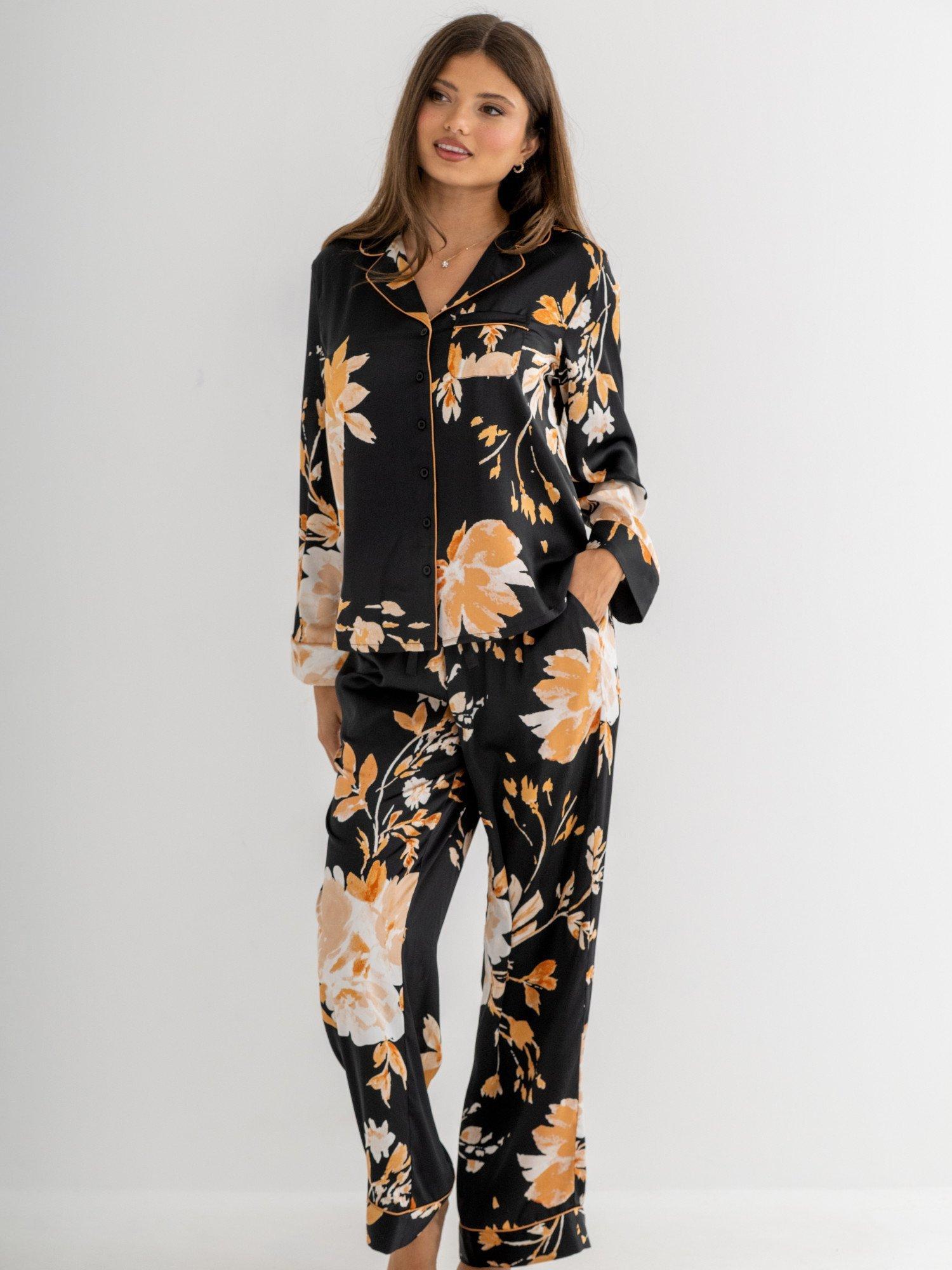 Product image 1 of 9, which shows Pour Moi Dusk Printed Satin Revere Collar Pyjama Set, Black/Gold, 8