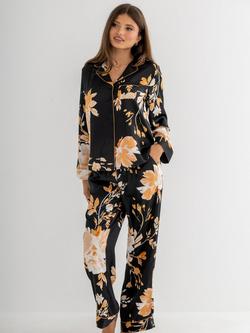 Pour Moi Dusk Printed Satin Revere Collar Pyjama Set, Black/Gold