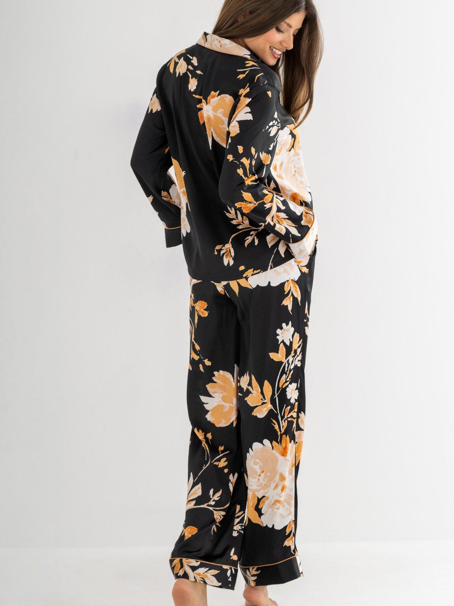 Product image 3 of 9, which shows Pour Moi Dusk Printed Satin Revere Collar Pyjama Set, Black/Gold, 8