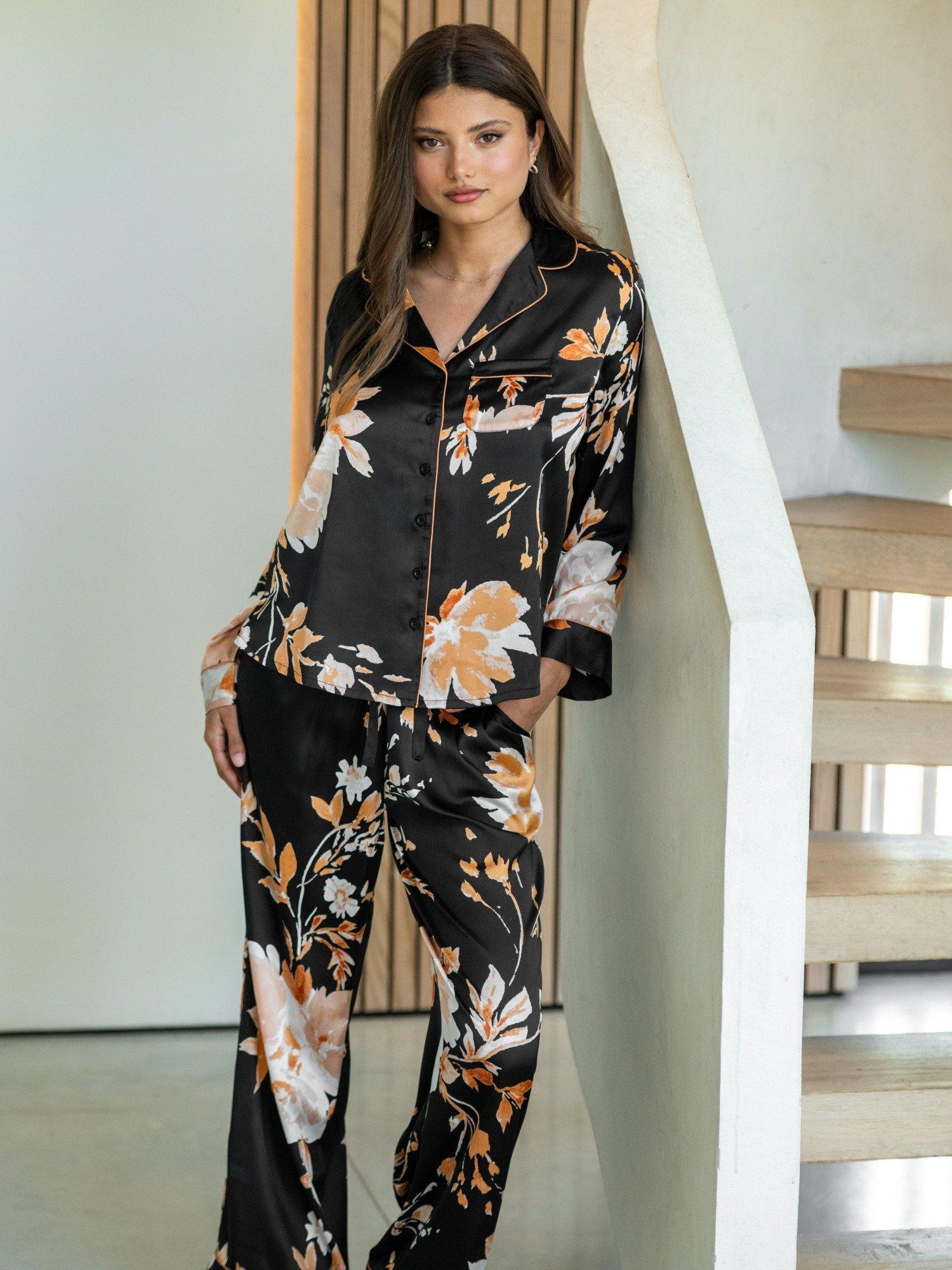 Product image 4 of 9, which shows Pour Moi Dusk Printed Satin Revere Collar Pyjama Set, Black/Gold, 8