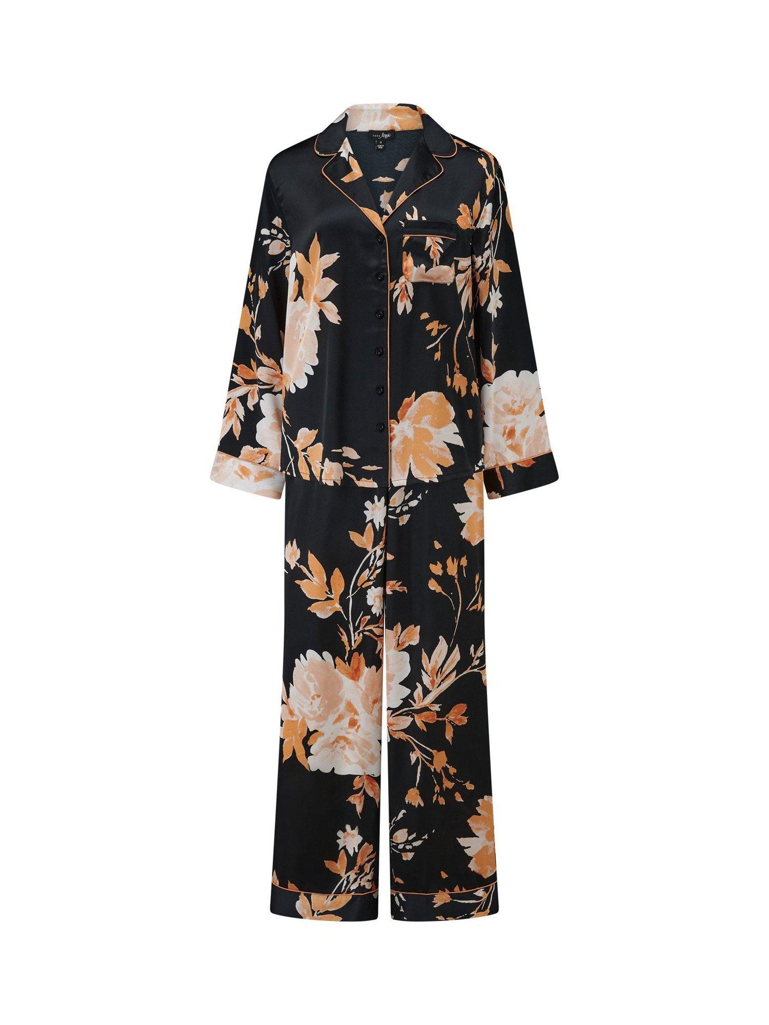 Product image 8 of 9, which shows Pour Moi Dusk Printed Satin Revere Collar Pyjama Set, Black/Gold, 8