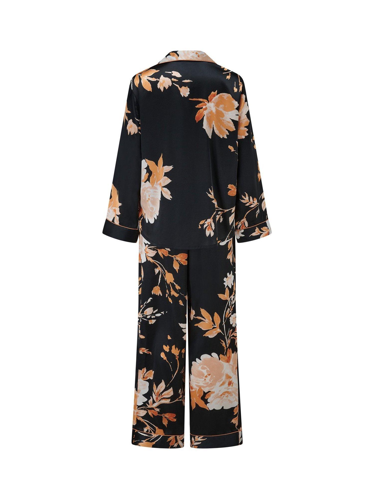 Product image 9 of 9, which shows Pour Moi Dusk Printed Satin Revere Collar Pyjama Set, Black/Gold, 8