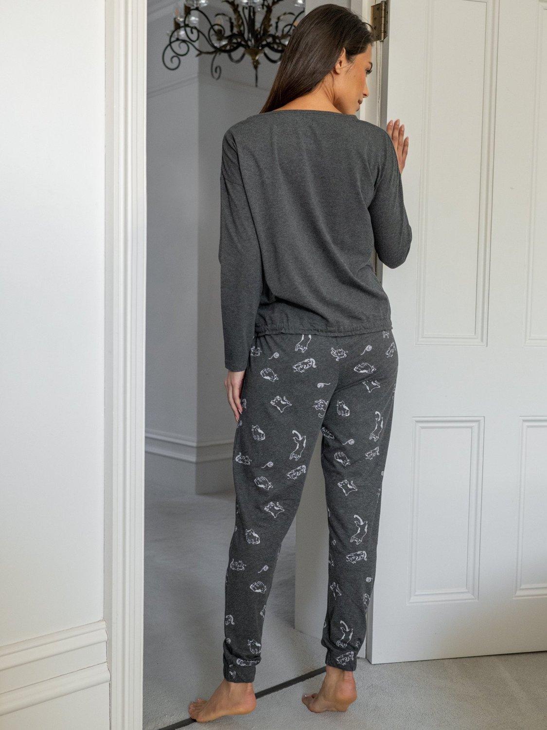 Product image 8 of 10, which shows Pour Moi Jersey Cotton Cat Pyjama Set, Grey, 8