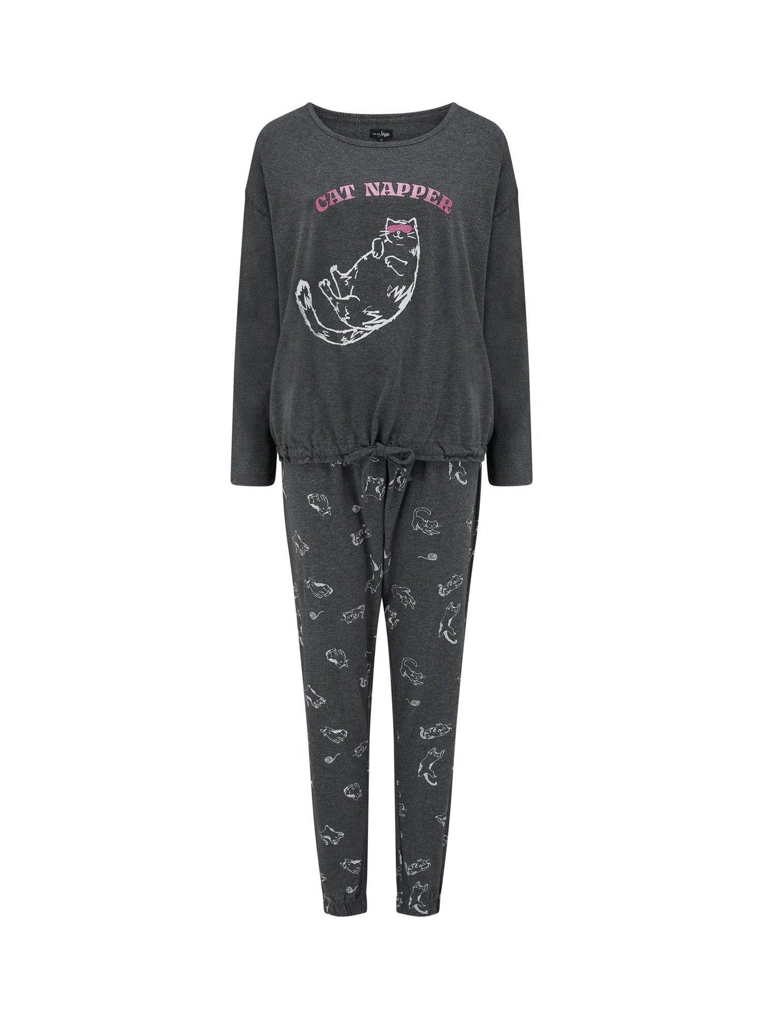 Product image 9 of 10, which shows Pour Moi Jersey Cotton Cat Pyjama Set, Grey, 8