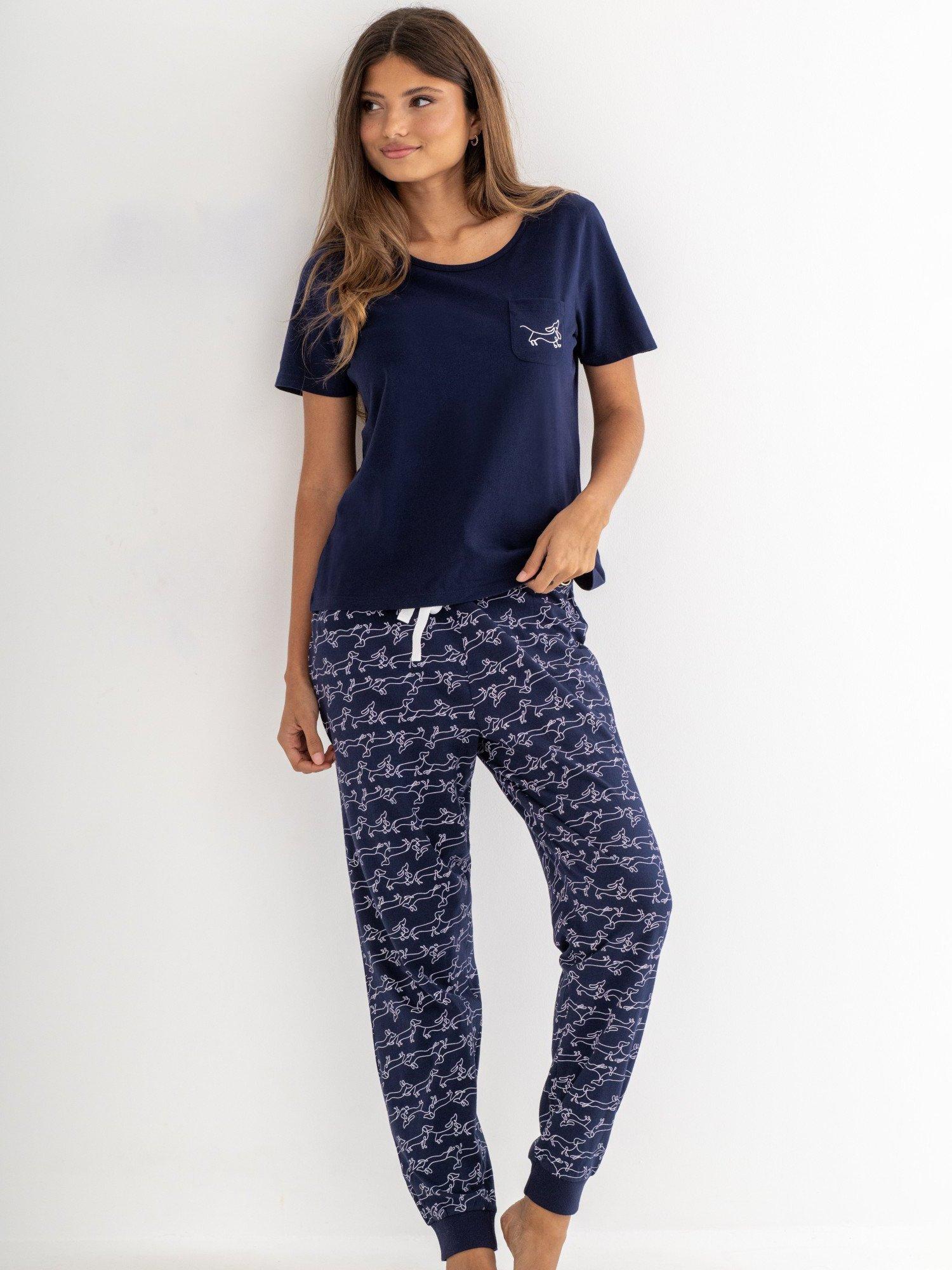 Product image 1 of 10, which shows Pour Moi Jersey Cotton Daschund Short Sleeve Pyjama Set , Navy, 8