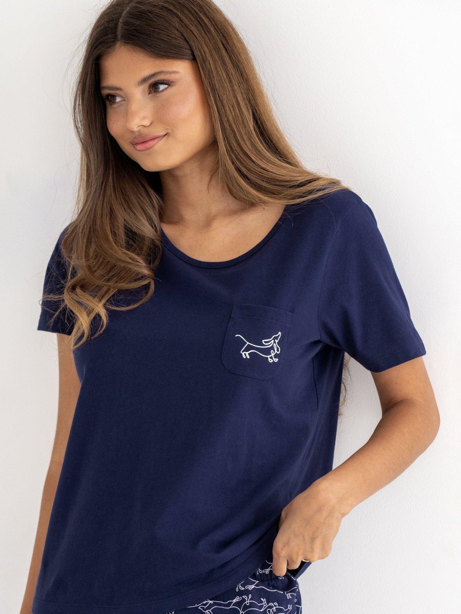 Product image 2 of 10, which shows Pour Moi Jersey Cotton Daschund Short Sleeve Pyjama Set , Navy, 8