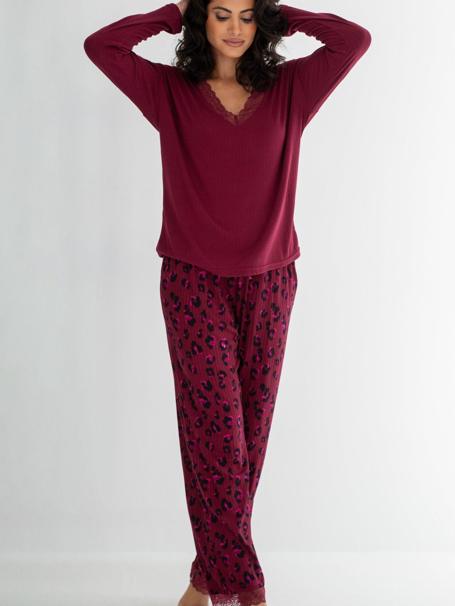 Product image 1 of 10, which shows Pour Moi Brushed Rib Lace Trim V-Neck Lounge Pyjama Set , Berry, 8