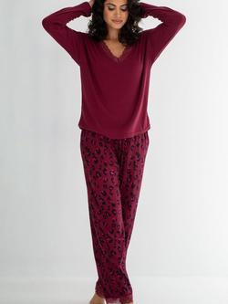 Pour Moi Brushed Rib Lace Trim V-Neck Lounge Pyjama Set, Berry