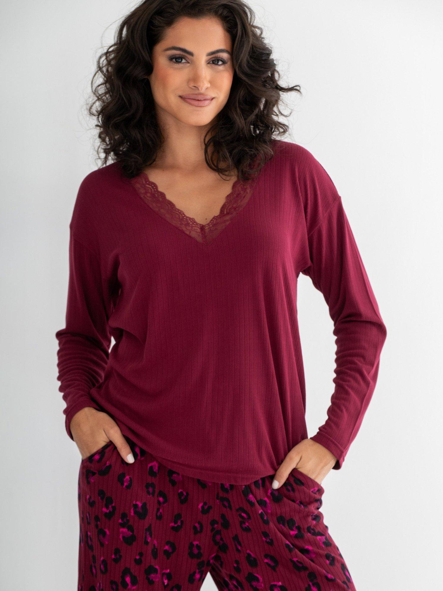 Product image 2 of 10, which shows Pour Moi Brushed Rib Lace Trim V-Neck Lounge Pyjama Set , Berry, 8