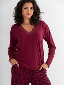 Pour Moi Brushed Rib Lace Trim V-Neck Lounge Pyjama Set - view 2, Berry