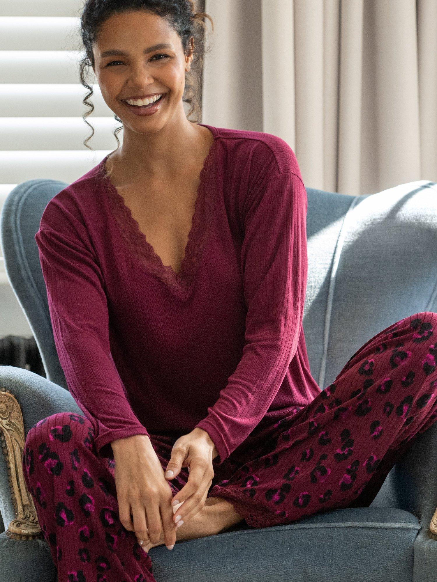 Product image 6 of 10, which shows Pour Moi Brushed Rib Lace Trim V-Neck Lounge Pyjama Set , Berry, 8