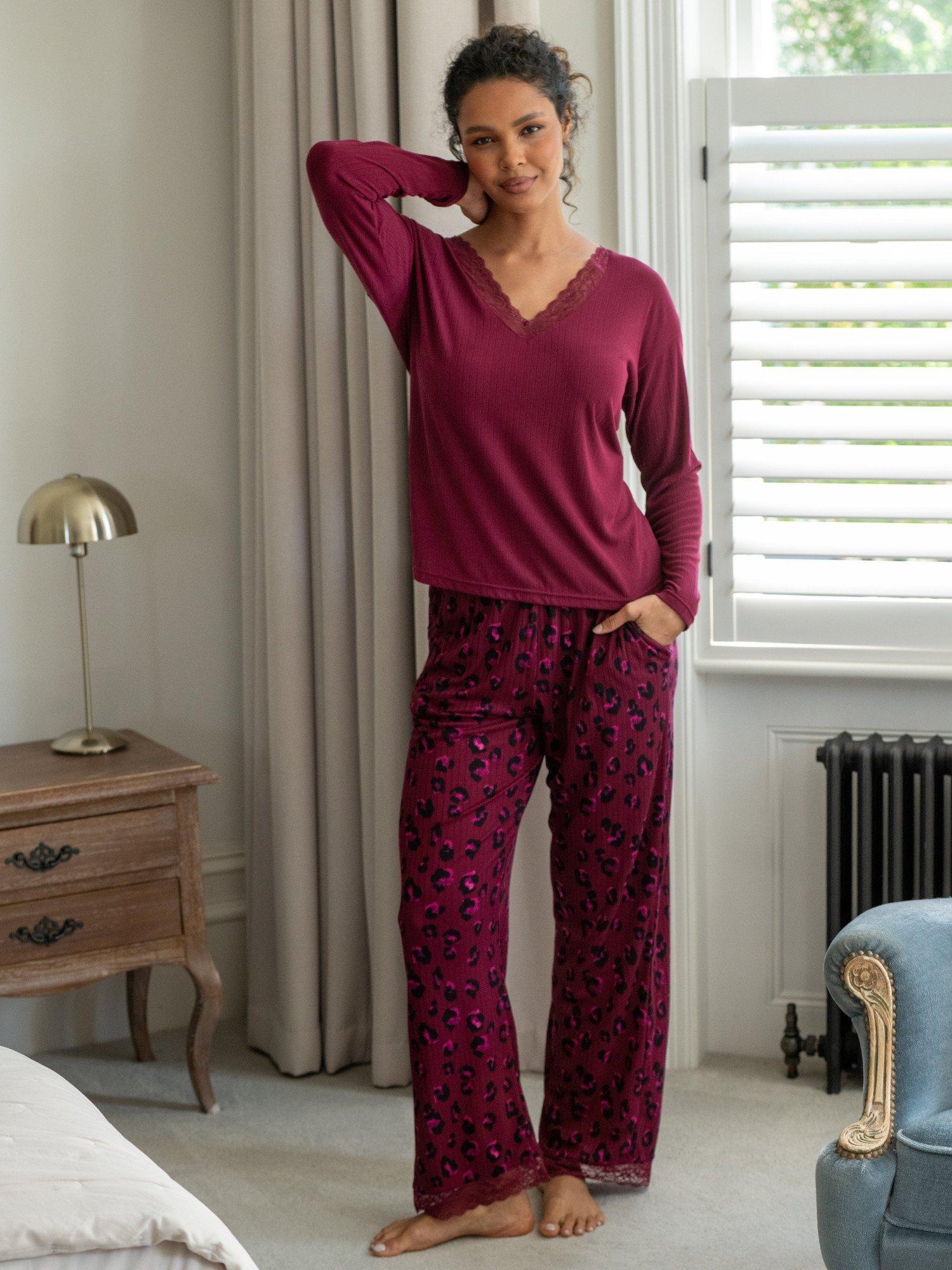 Product image 7 of 10, which shows Pour Moi Brushed Rib Lace Trim V-Neck Lounge Pyjama Set , Berry, 8