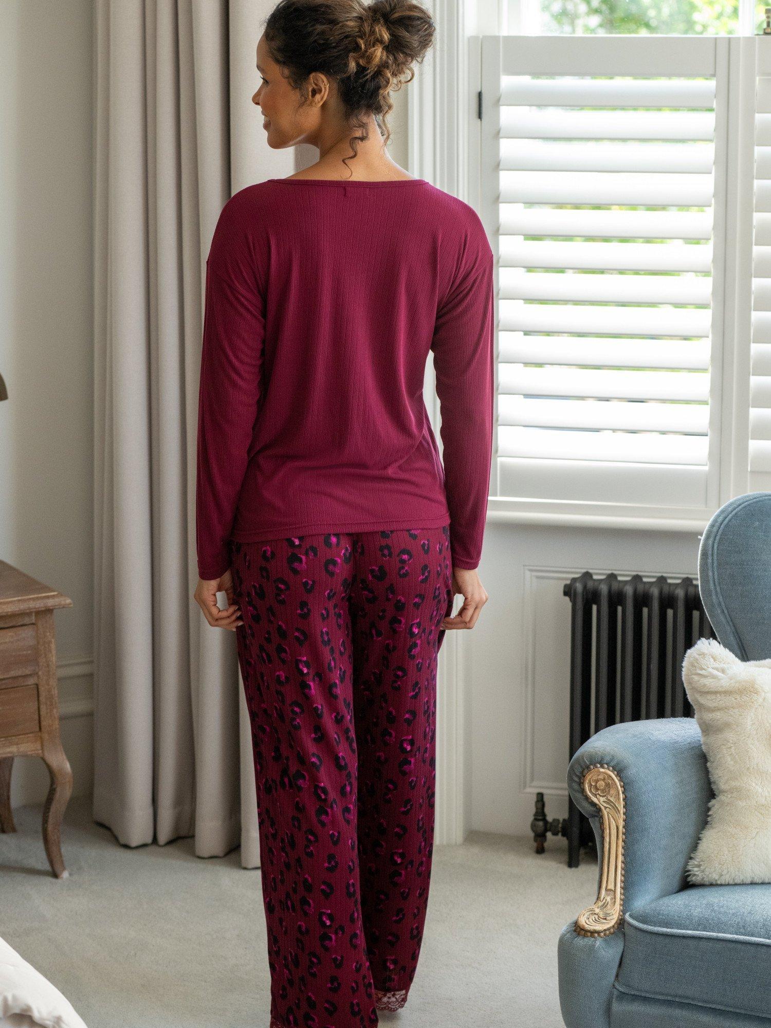 Product image 8 of 10, which shows Pour Moi Brushed Rib Lace Trim V-Neck Lounge Pyjama Set , Berry, 8