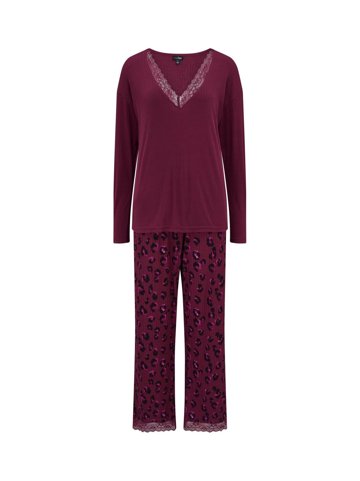 Product image 9 of 10, which shows Pour Moi Brushed Rib Lace Trim V-Neck Lounge Pyjama Set , Berry, 8