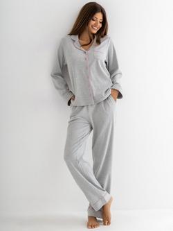 Pour Moi Ribbed Jersey Revere Collar Pyjama Set, Grey Marl, Grey Marl