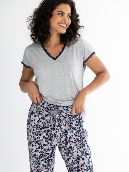 Pour Moi Sofa Loves Lace T-Shirt and Trousers Pyjama Set, Grey/Multi - view 2, Grey/Multi