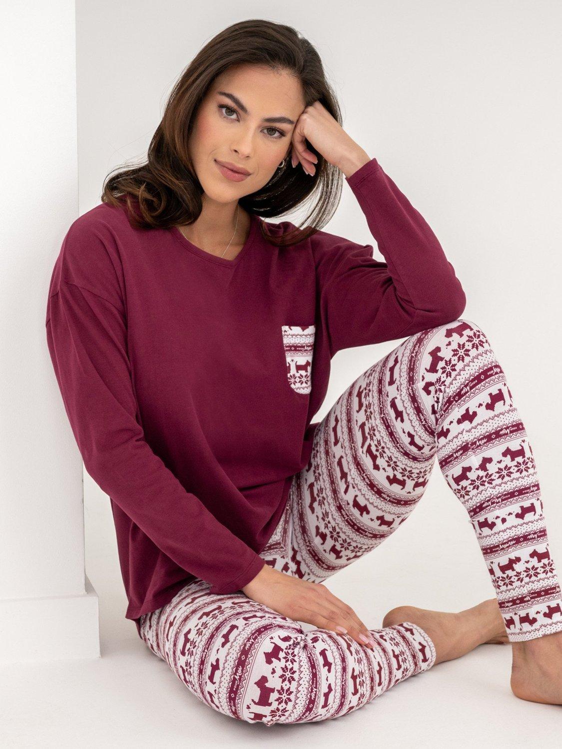 Product image 2 of 8, which shows Pour Moi Soft Touch Jersey Fairisle Leggings Pyjama Set, Red/White, 8