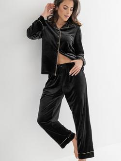 Pour Moi Velour Revere Collar Pyjama Set, Black/Champagne, Black/Champagne