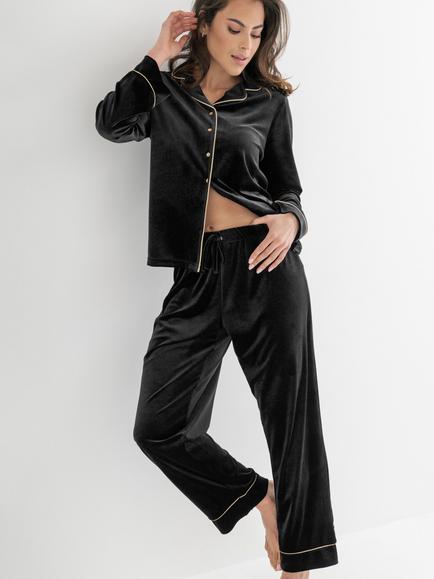 Pour Moi Velour Revere Collar Pyjama Set, Black/Champagne, Black/Champagne