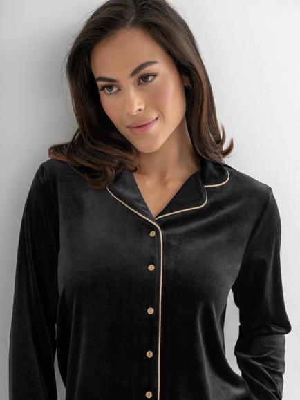Pour Moi Velour Revere Collar Pyjama Set, Black/Champagne - view 2, Black/Champagne