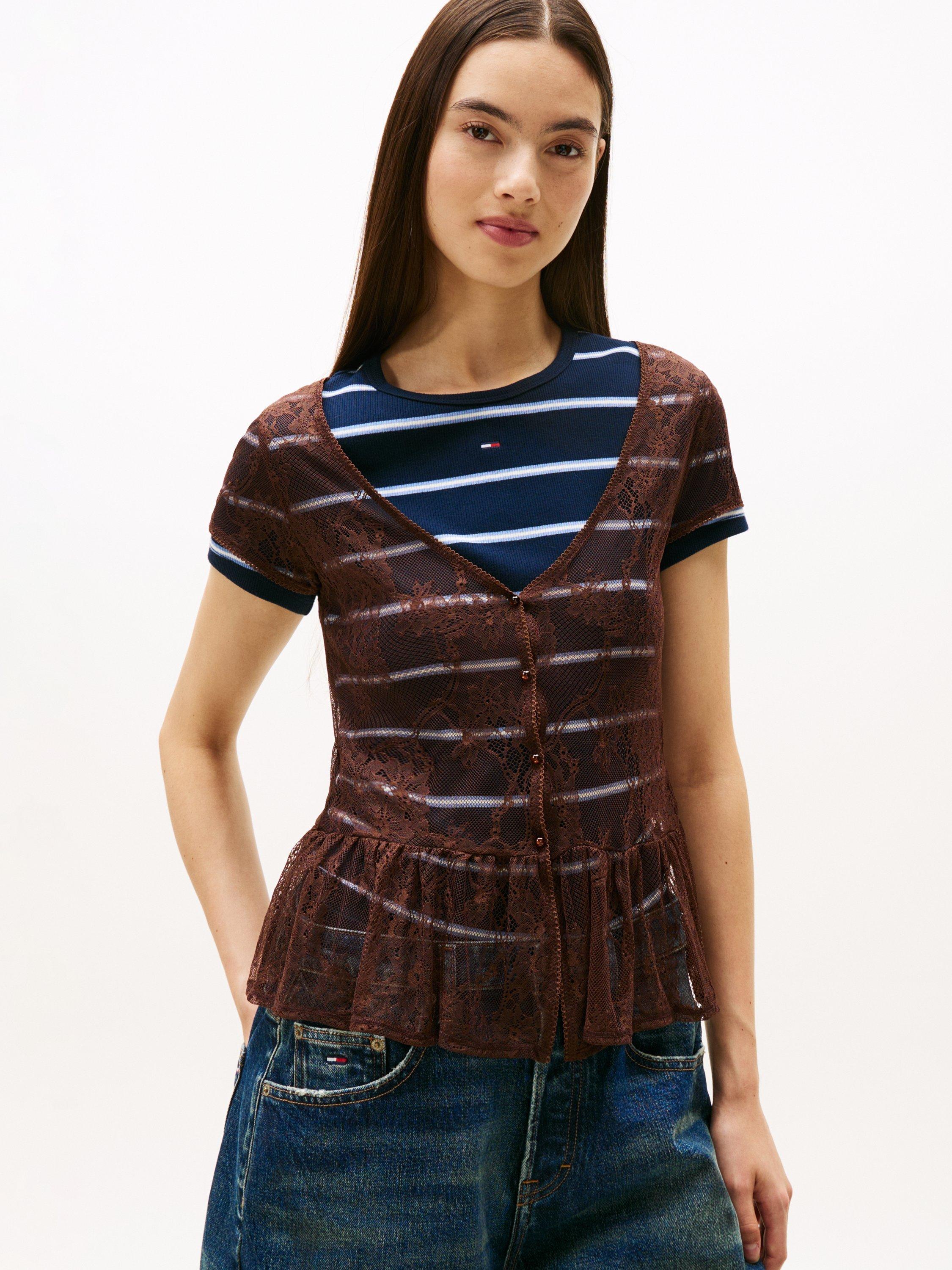Product image 1 of 5, which shows Tommy Jeans Floral Lace Detailing Blouse, Brown, S