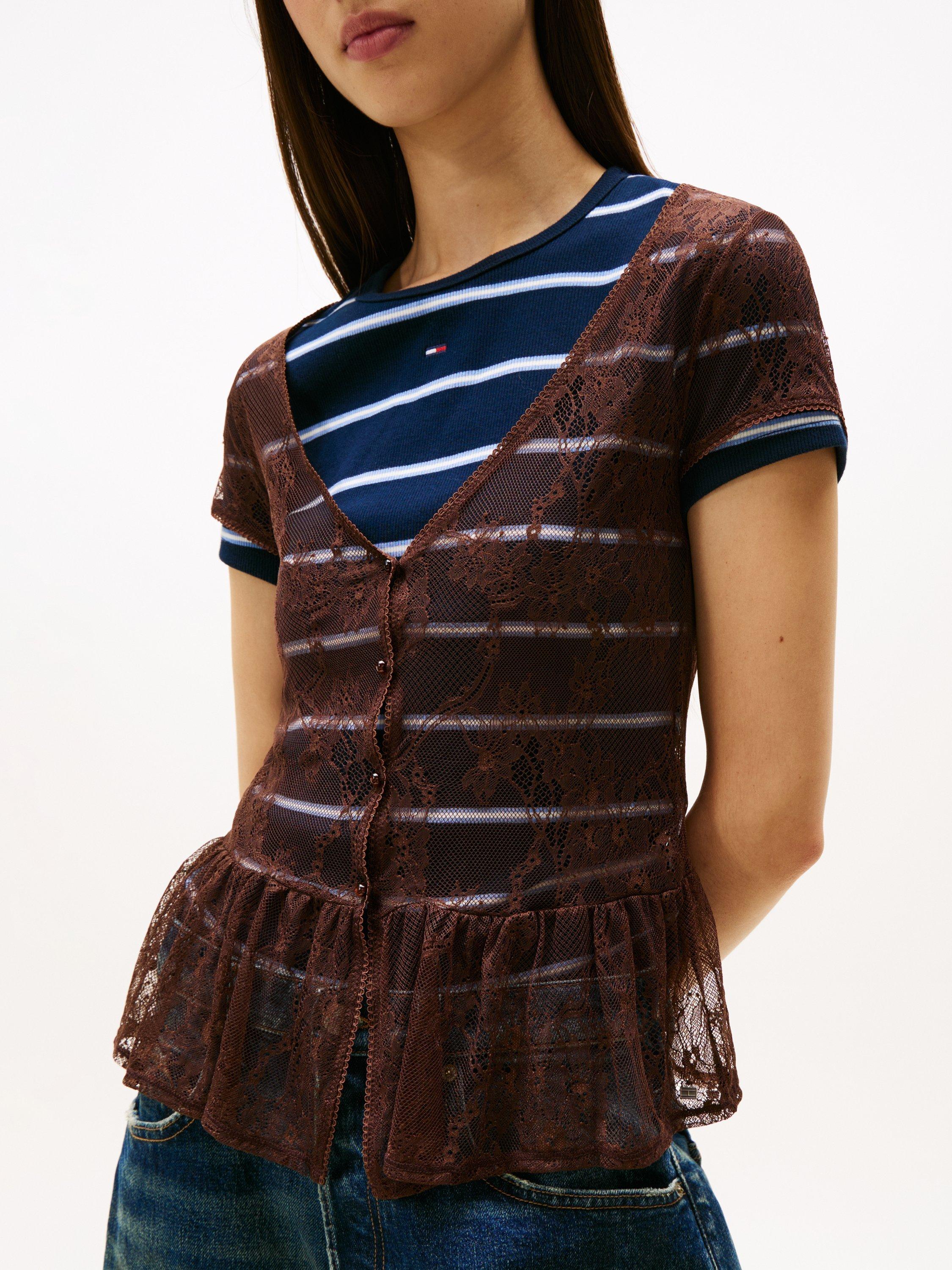 Product image 3 of 5, which shows Tommy Jeans Floral Lace Detailing Blouse, Brown, S
